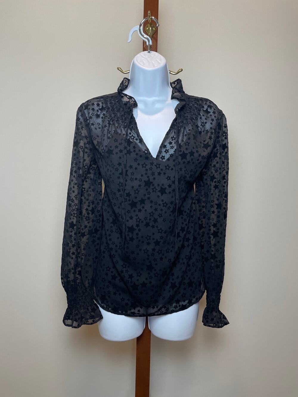 LOFT Velvet Star Sheer Blouse Size M Black Ruffle Neck Long Sleeve